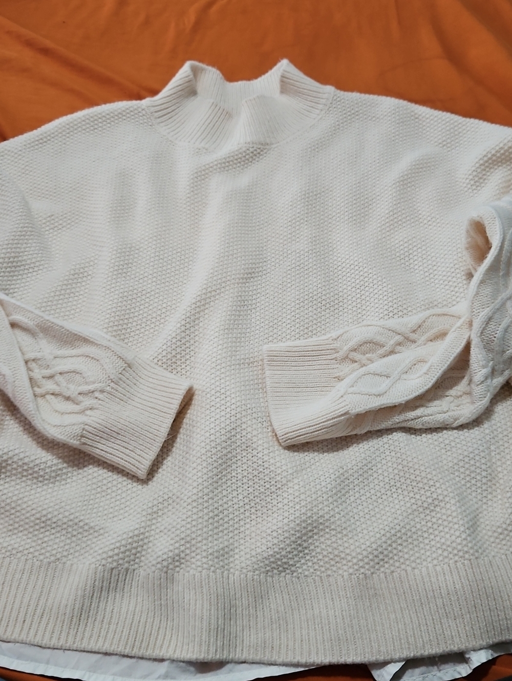 Xl Cream Cable-Sleeve Mock Neck Sweater - Women With Fooler Back